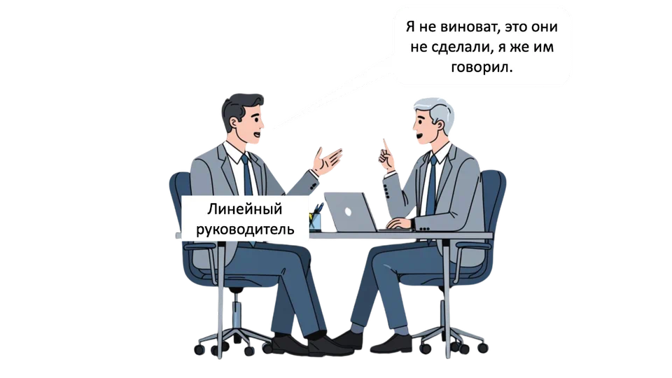 Линейный руководитель и его начальник объясняется с начальником за общим столом: «Я не виноват, это они не сделали, я же им говорил».